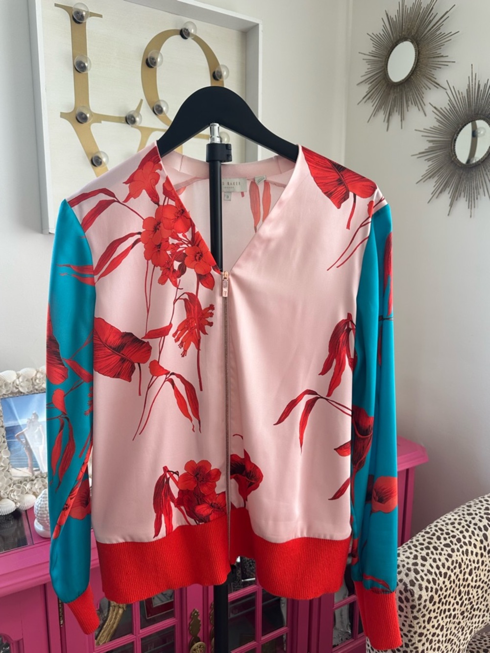 Ted Baker Pale Pink Floral-Print Satin Bomber